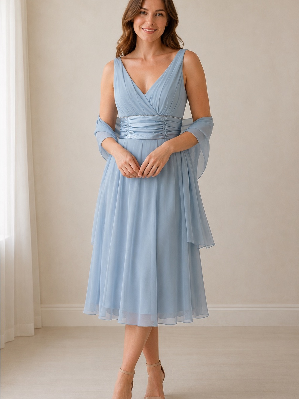 Elegant Light Blue V-Neck Midi Dress with Draped Waist